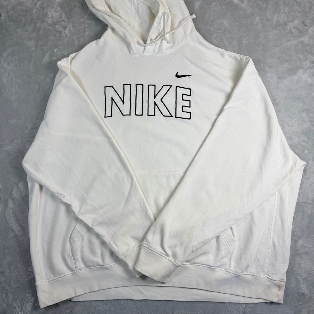NIKE Mens 3XL White Pullover Hoodie Black Outline Spellout Swoosh Logo Fleece